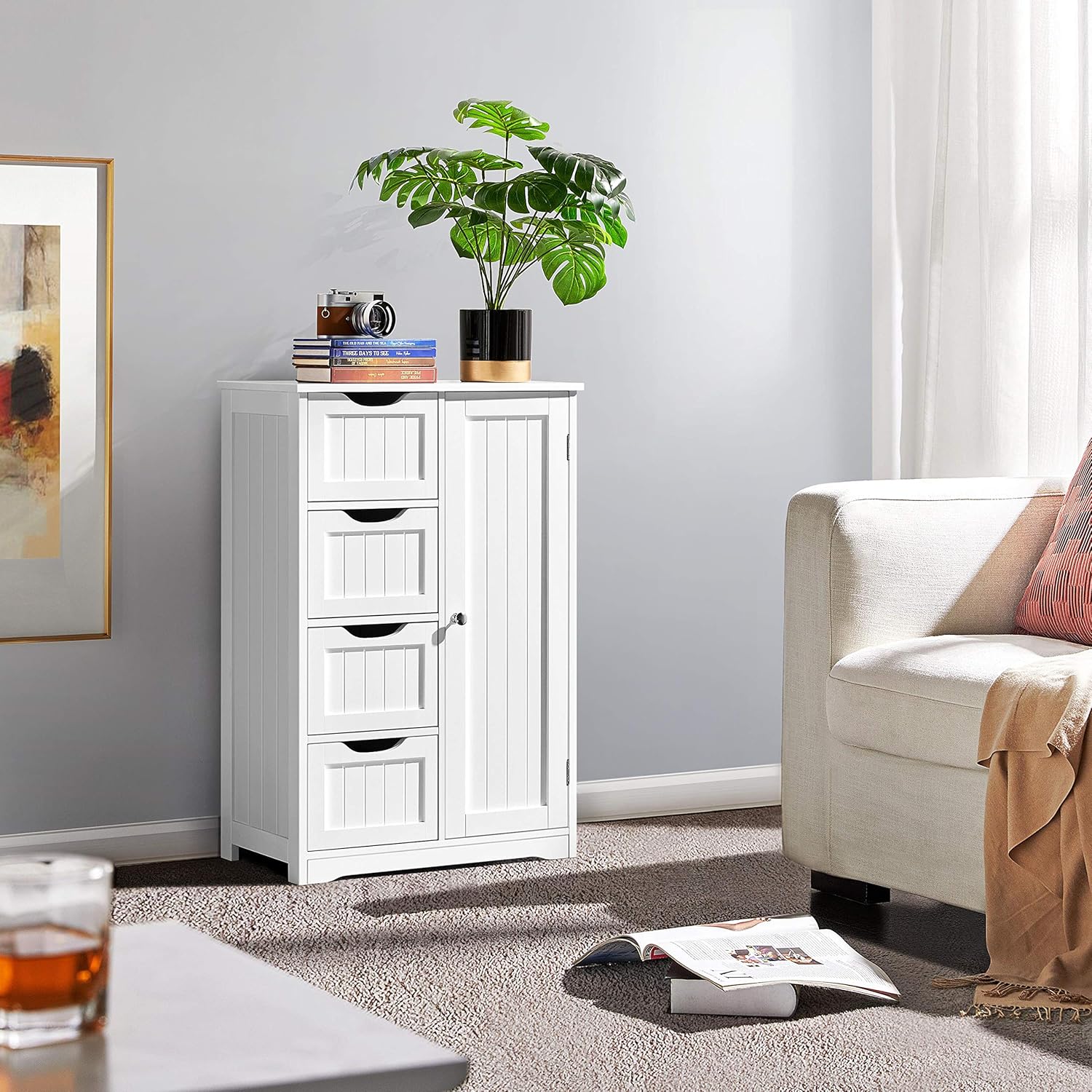 Yaheetech Wooden Floor Cabinet, Side Storage Organizer with 4 Drawers and 1 Cupboard, Freestanding Entryway Storage Unit Console Table, Bathroom Furniture Home Decor, White - Image 5