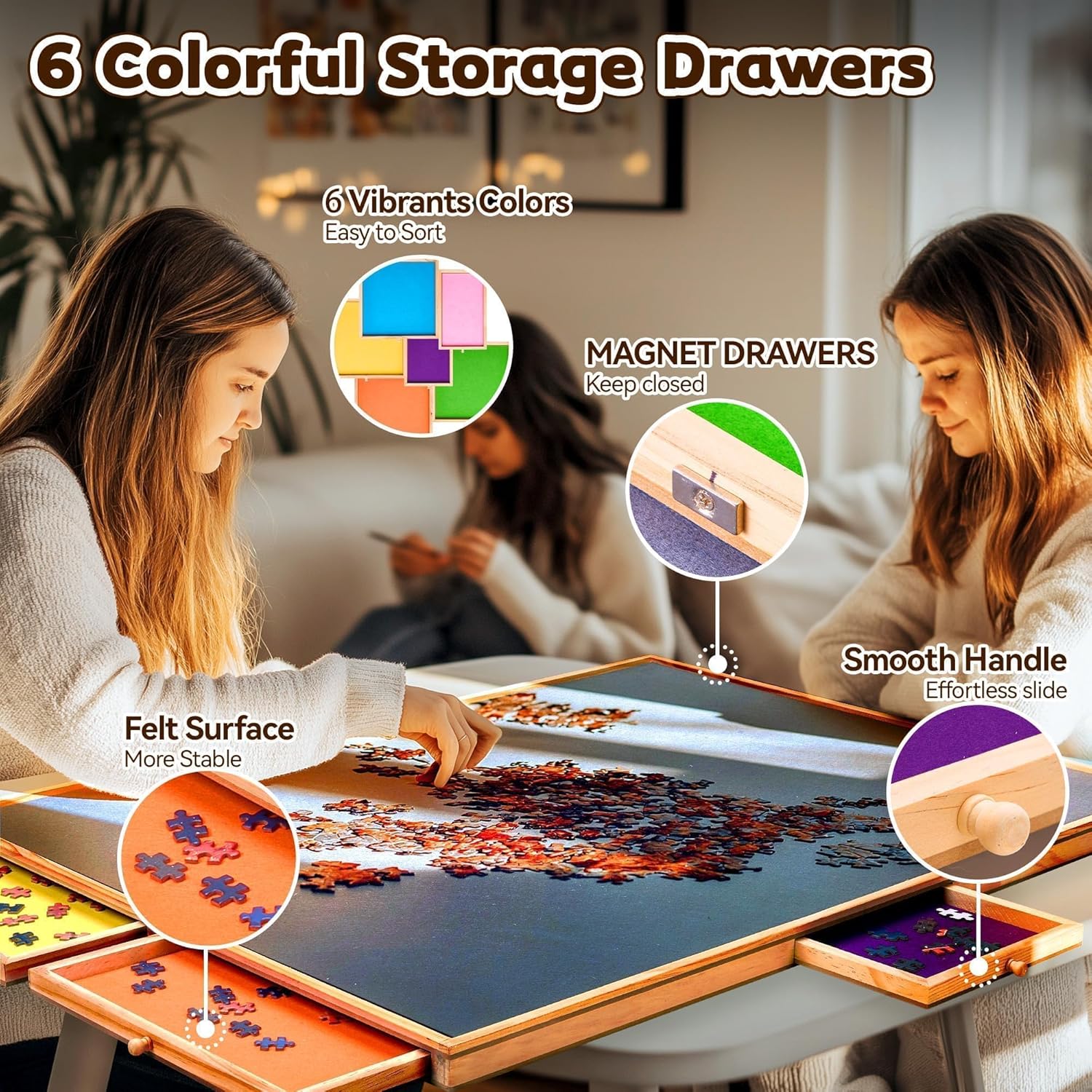 1500 Pieces Rotating Puzzle Board with Drawers and Cover, Wooden Jigsaw Puzzle Table for Adults and Kids, Colorful Puzzle Trays for Sorting and Storage, Lazy Susan Spinning Puzzle Boards Gift for Mom - Image 5