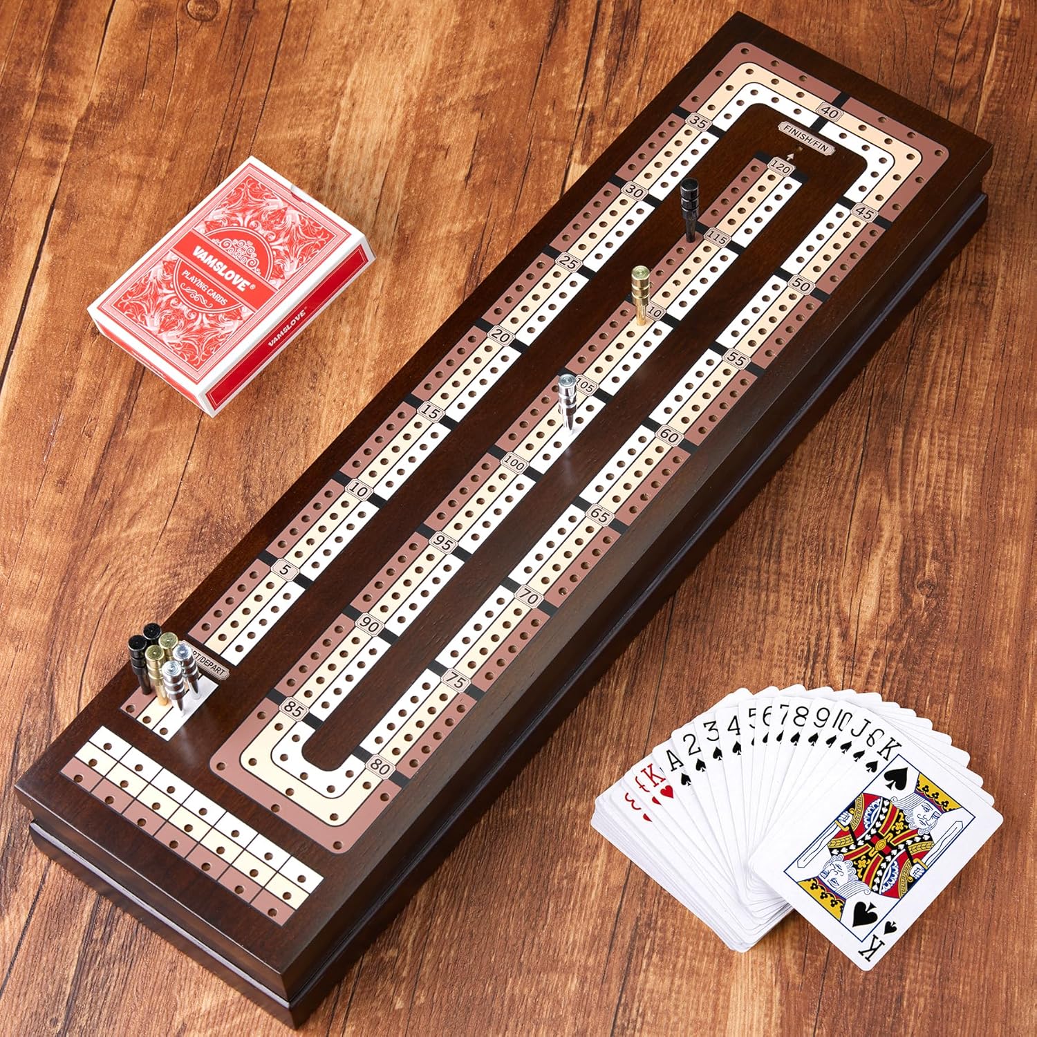 VAMSLOVE Wooden Cribbage Board Game Magnetic 3-Track Scoreboard with Large Slots for Storing 2 Playing Cards and 9 Metal Pegs, Travel Family Game Night (Instruction Included - Image 9