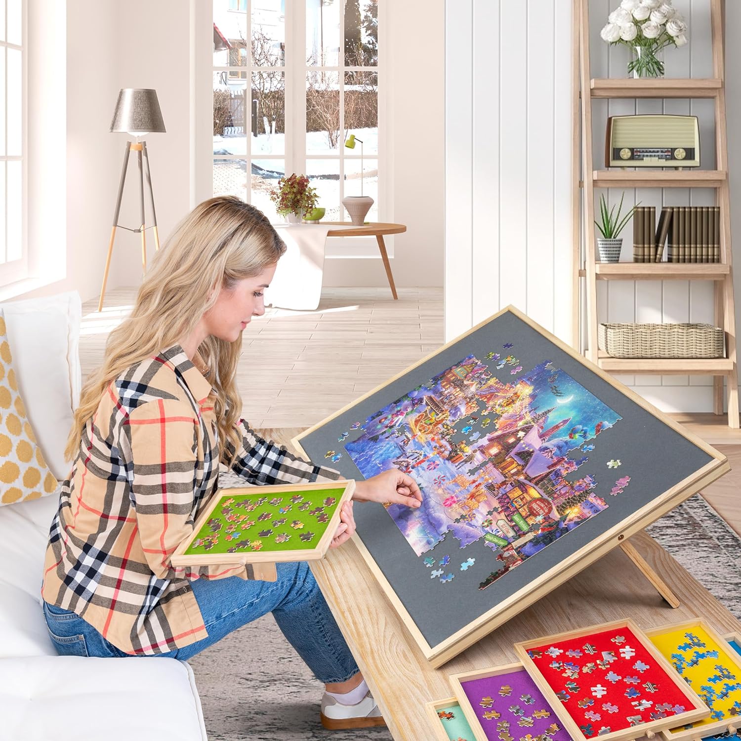 Lavievert 2-in-1 Tilting & Rotating Puzzle Board with 6 Colored Drawers & Cover, Portable Jigsaw Puzzle Table for Adults, Wooden Swivel Puzzle Plateau with Non-Slip Tabletop for Up to 1500 Pieces - Image 8