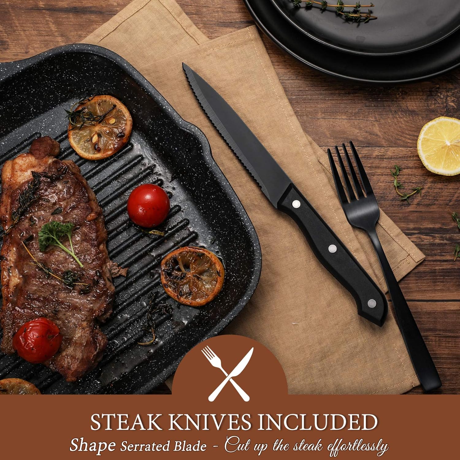 Hiware 24 Pieces Matte Black Silverware Set with Steak Knives for 4, Stainless Steel Flatware Utensils Set, Hand Wash Recommended - Image 5