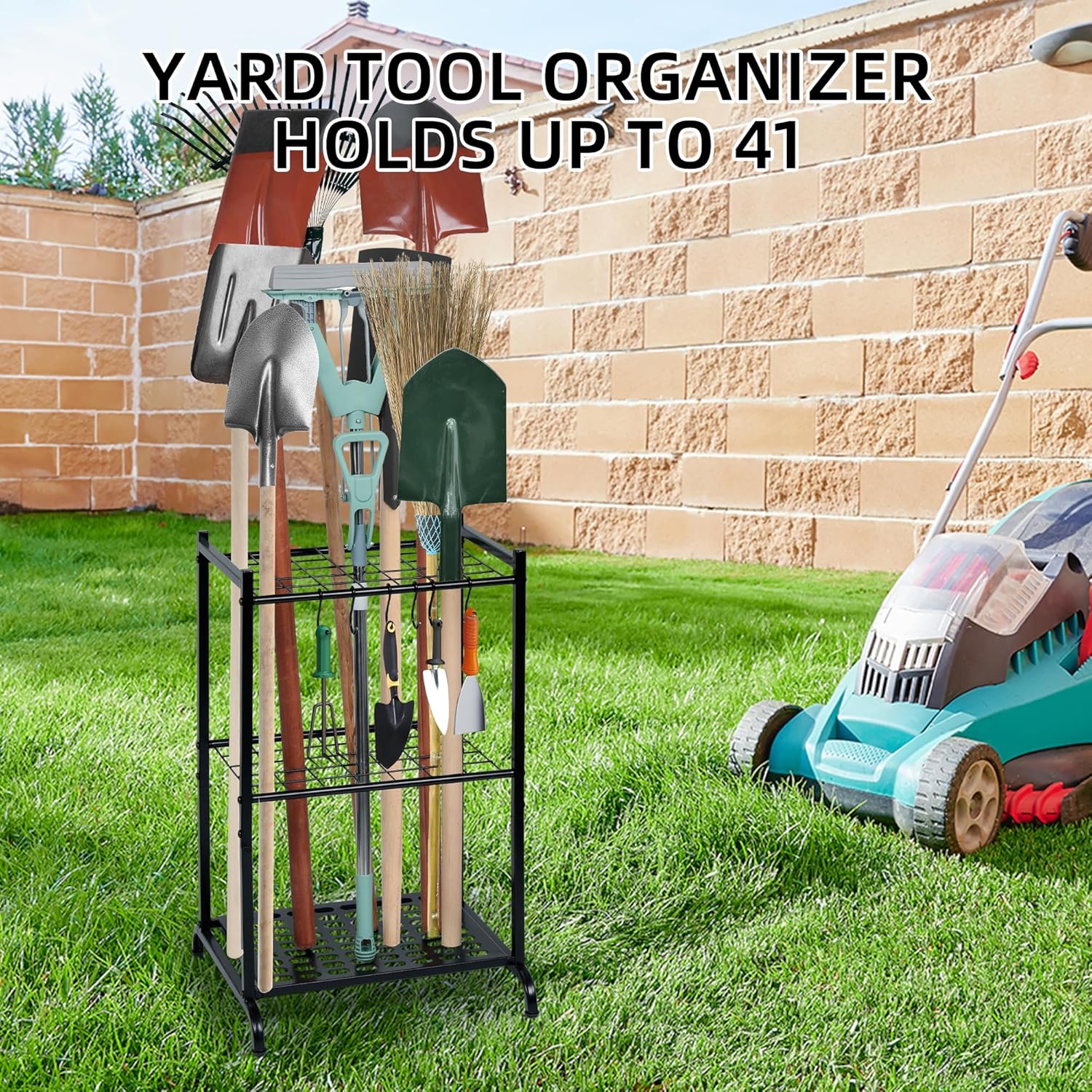 Garden Tool Organizer with Storage Hooks, Yard Tool Tower Rack for Garage Organization and Storage, Up to 35 Long-Handled Tools, Metal Tool Holder with 6 Hooks, Black - Image 8