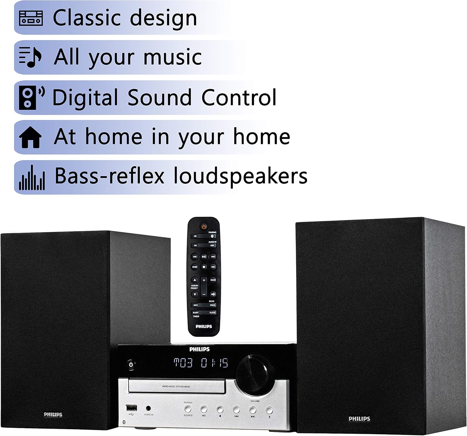 PHILIPS Bluetooth Stereo System for Home with CD Player, MP3, USB, Audio in, FM Radio, Bass Reflex Speaker, 60W, Remote Control Included - Image 9