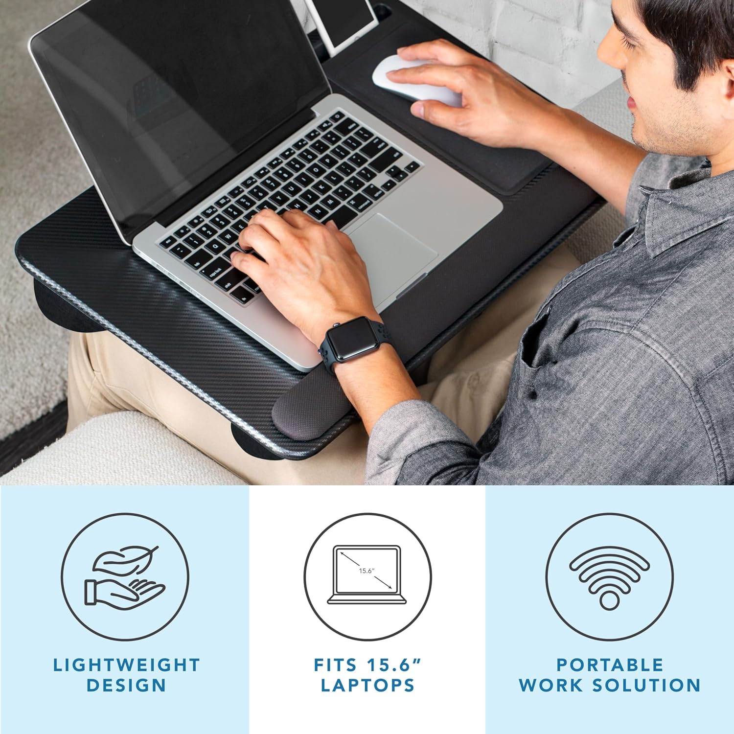 LAPGEAR Home Office Pro Lap Desk with Wrist Rest, Mouse Pad, and Phone Holder - Black Carbon - Fits up to 15.6 Inch Laptops - Style No. 91598 - Image 3