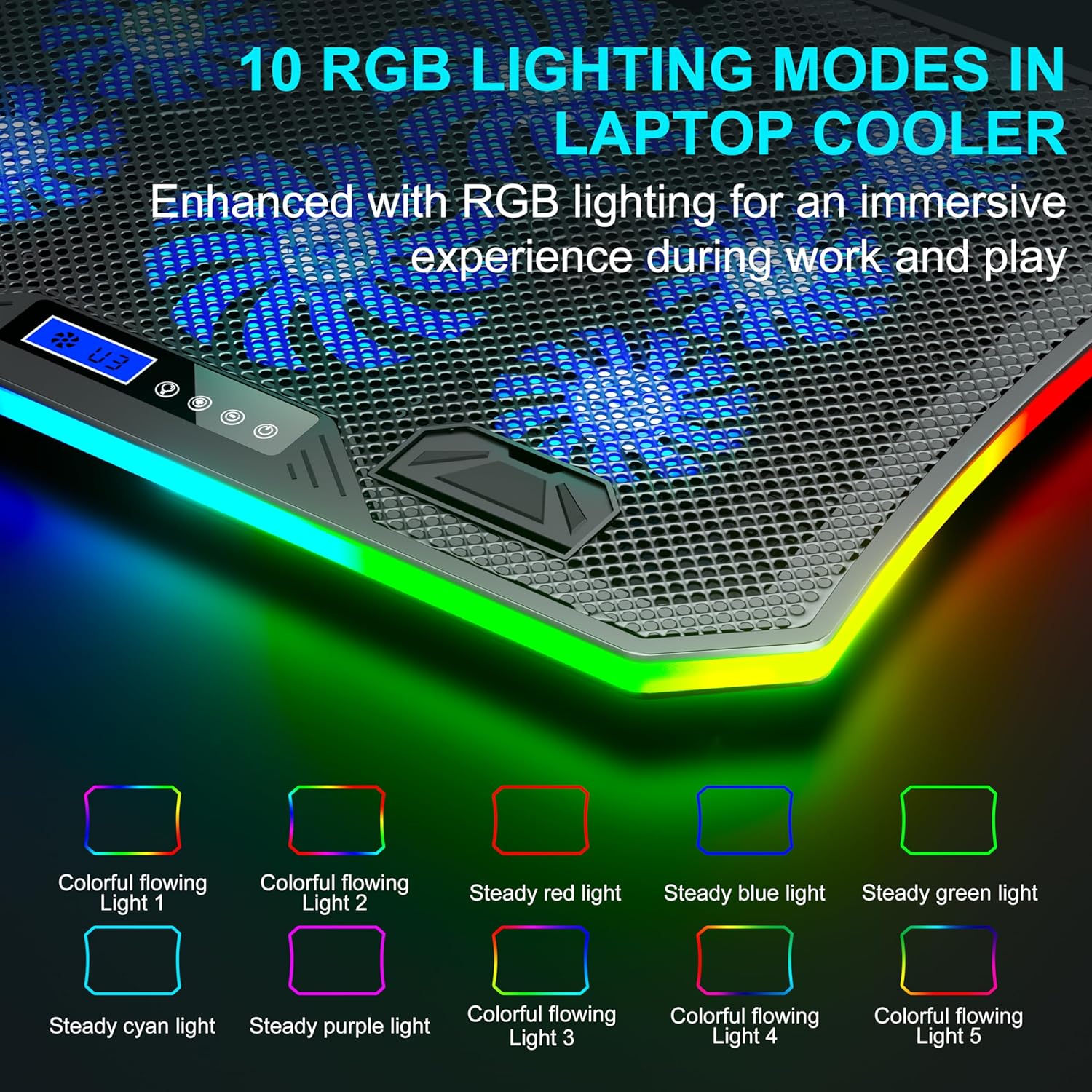 Laptop Cooling Pad RGB Gaming Notebook Cooler for Desk and Lap Use, MOOJAY Laptop Fan Stand 8 Adjustable Heights with 8 Quiet Fans and Phone Holder, for 15.6-17.3 Inch Laptops - Blue LED Light - Image 4
