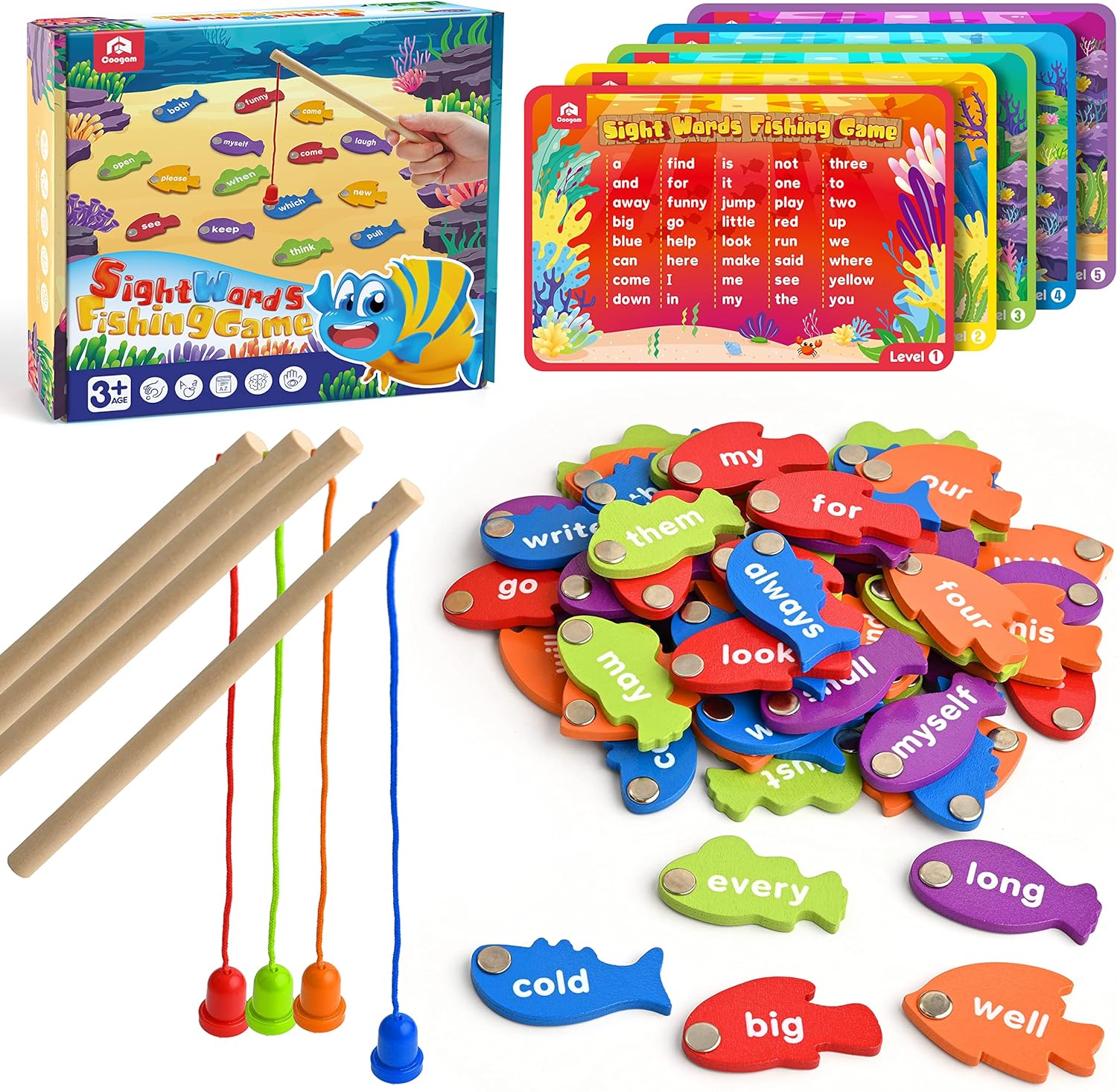 Coogam Wooden Magnetic Fishing Sight Words Game Learning Dolch Word Flashcards Montessori Educational Toy for Preschool 3 4 5 Year Old Kids - Image 2