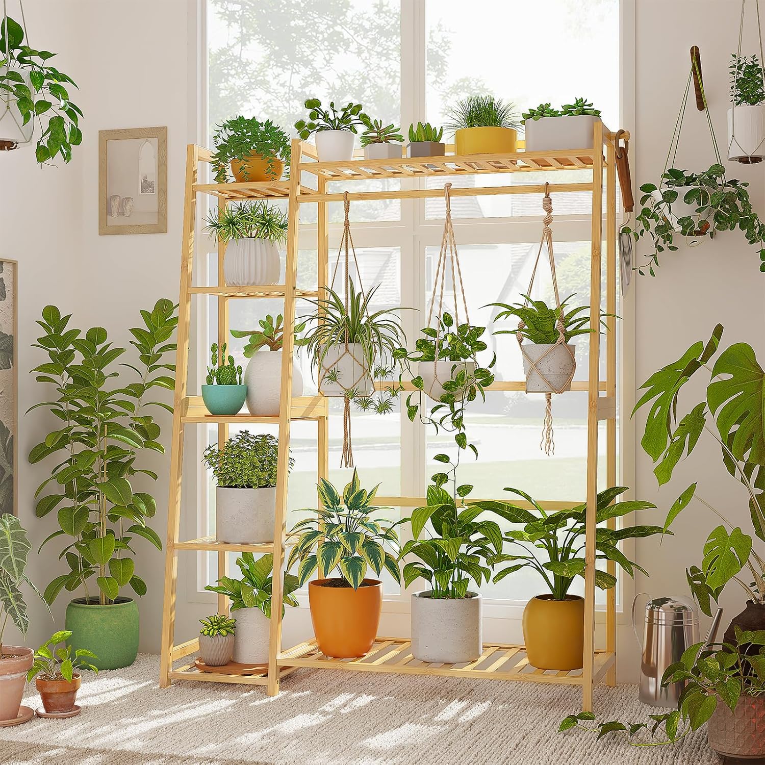 Bamworld Large Plant Shelf Indoor Bamboo Hanging Plant Stand Tall Flower Stand Ladder Plant Holder Plant Display Rack for Garden Balcony Home Decor Living Room Bedroom - Image 2