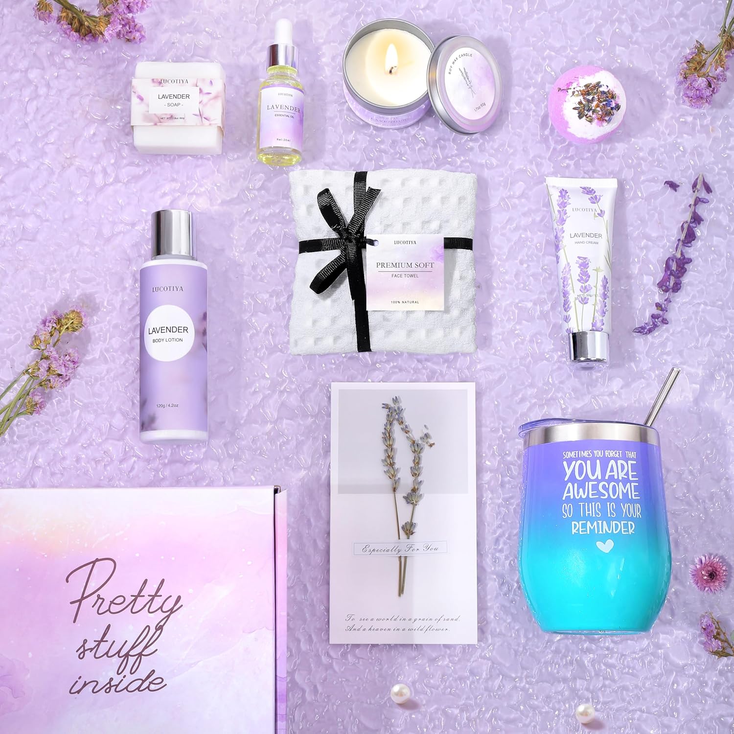 Gifts for Women, Birthday Gifts Spa Gifts Baskets for Women Bubble Bath and Body Gifts Set Lavender Gifts for Mom Her Female Sister Mother Teacher Wine Tumbler Purple - Image 7
