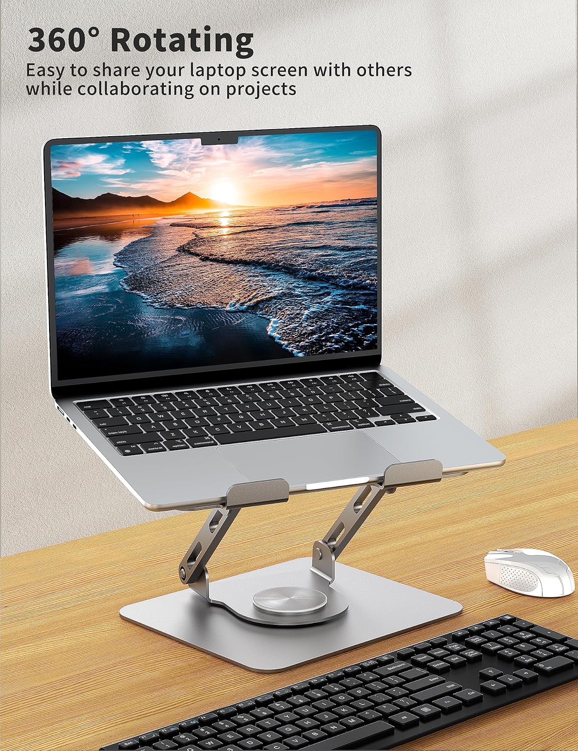 SOUNDANCE Laptop Stand with 360° Rotating Base, Ergonomic Computer Riser for Desk, Adjutable Height Muti-Angle, Foldable Laptop Mount, Stable Metal Holder Support 10-15.6" Notebook PC, Silver Grey - Image 3