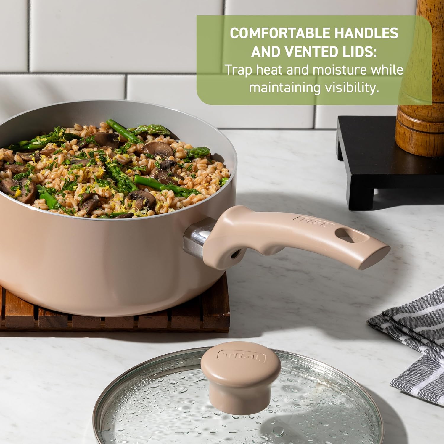 T-fal Refresh Ceramic Ceramic Non Stick Cookware Set 12 Piece, Oven Broiler Safe 350F, Cookware, Kitchen Cooking Set w/Fry Pans, Saucepans & Kitchen Utensils, Pots and Pans Set Nonstick, Moon Gray - Image 6