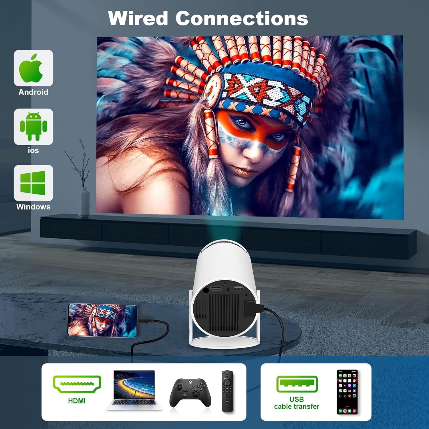 HY300 PRO Mini Portable Projector, Support 4K 1080P with Dual-Band WIFI6 5G Wireless 5.0 Bluetooth Android 11, 180° Rotatable, Auto Keystone Correction, 35"-130" Screen Video Projector - Image 6