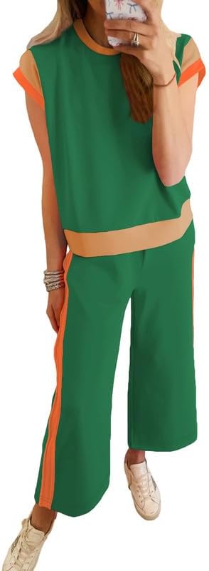 SHEWIN Women's 2 Piece Lounge Sets Casual Short Sleeve Pullover Tops Matching Wide Leg Pants Tracksuit Set - Image 2