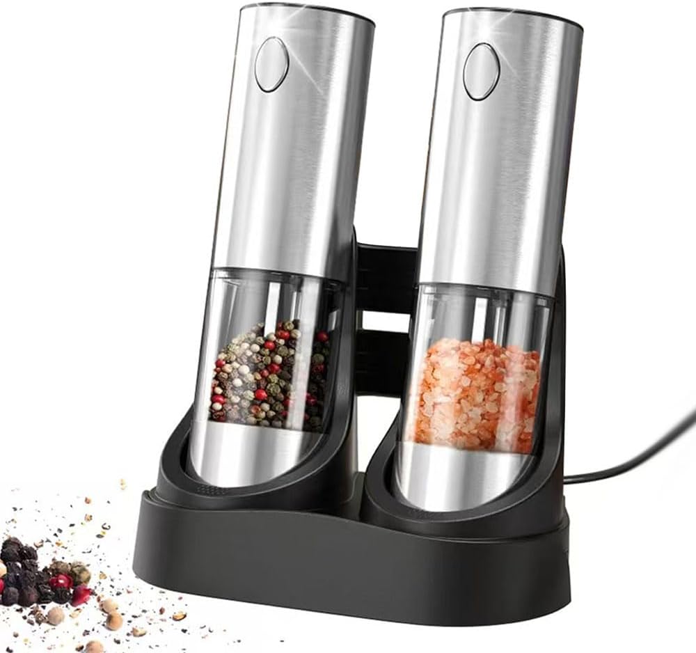 DSY Electric Sea salt and Pepper Grinder Set USB Rechargeable Base,Grinding roughness can be adjusted, Set contains two grinding bottles,Rechargeable,removable base,LED Light - Image 2