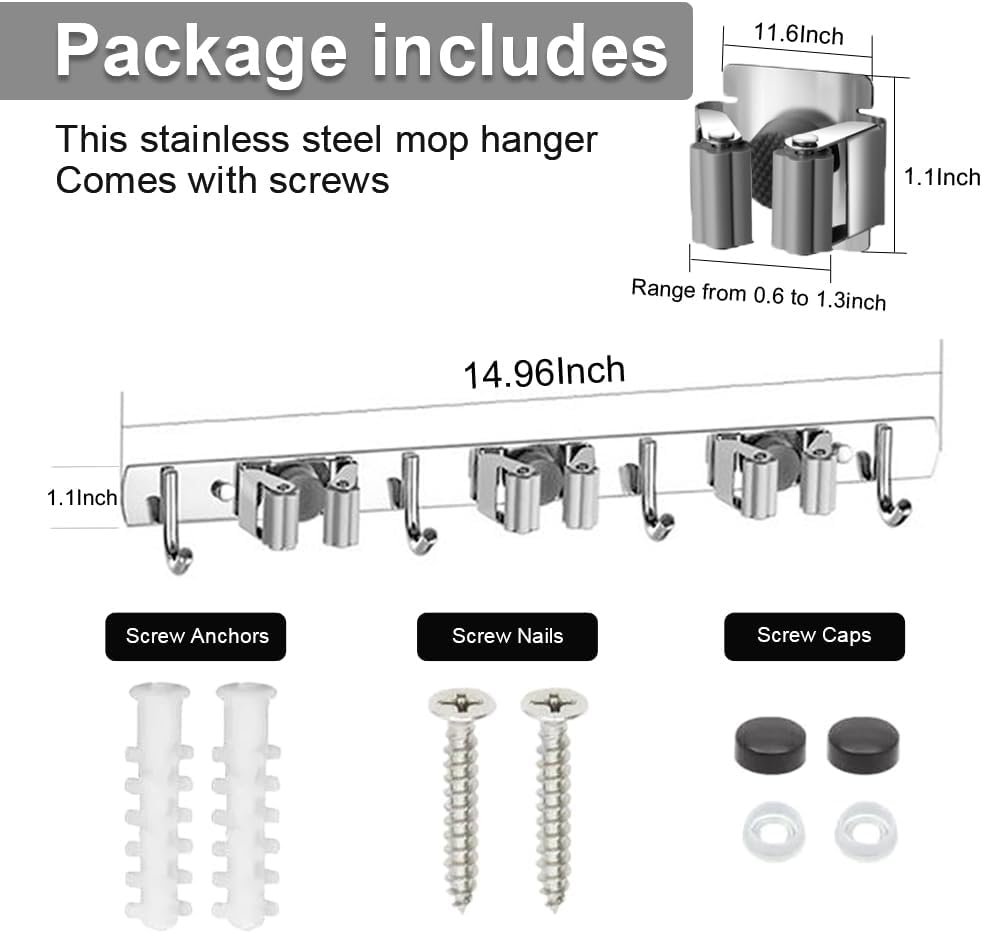 Mop And Broom Holder Wall Mount, Stainless Steel Mop Holder With Hooks, Brooms And Mops Tool Organizer For Closet Laundry Utility Room Garage (3 Racks & 4 Hooks) - Image 8