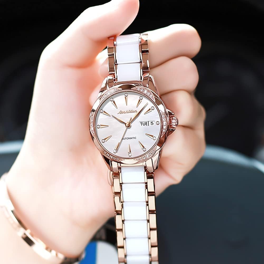 Womens Watch Automatic White Face Ladies Watch Mechanical Waterproof Self-Winding Wrist Watch Rose Gold Pearl Shell Dial Watches Day Date Woman Watches Ceramic Stainless Steel Diamond Watch for Ladies - Image 7
