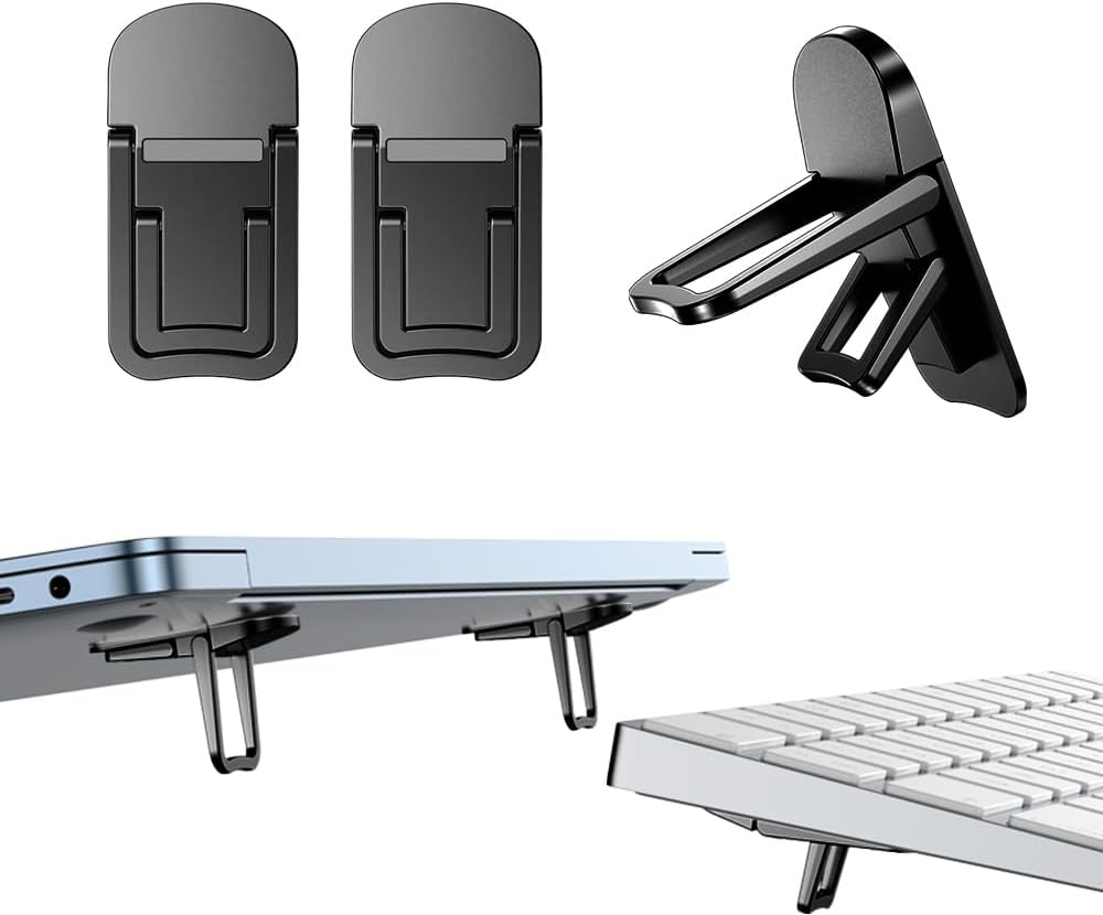 2PCS Zinc Alloy Mini Foldable Laptop Stand, Portable Computer Keyboard Riser with 2 Adjustable Angles, Self-Adhesive Invisible Notebook Stand and Keyboard Lift for Desk (Black) - Image 2