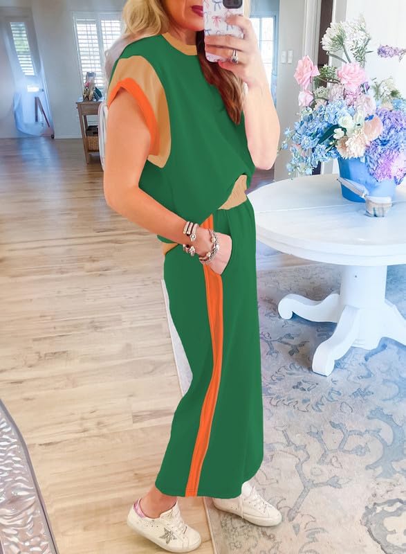 SHEWIN Women's 2 Piece Lounge Sets Casual Short Sleeve Pullover Tops Matching Wide Leg Pants Tracksuit Set - Image 5
