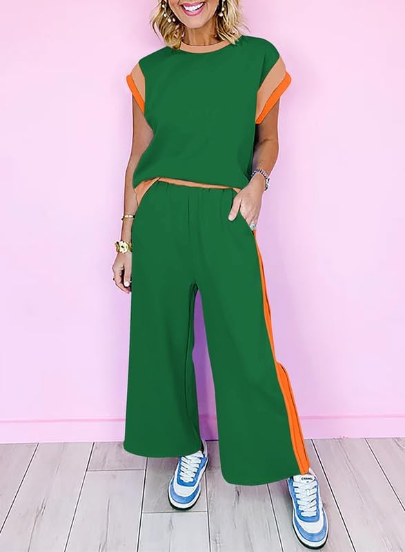 SHEWIN Women's 2 Piece Lounge Sets Casual Short Sleeve Pullover Tops Matching Wide Leg Pants Tracksuit Set - Image 3