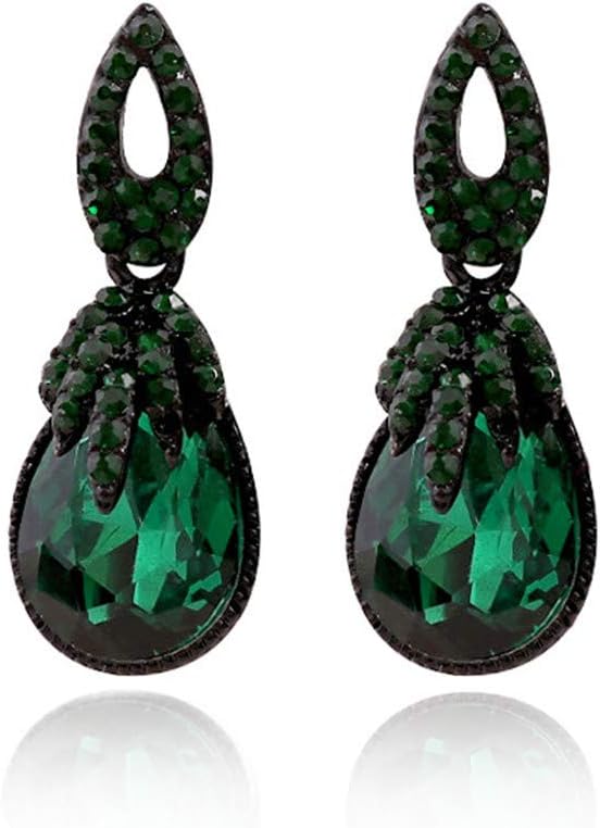 Vintage Rhinestone Dangle Earrings for Women Girls Dark Green Teardrop Crystal Drop Statement Huggie Studs Retro Boho Earring Luxury Birthday Wedding Party Jewelry - Image 2