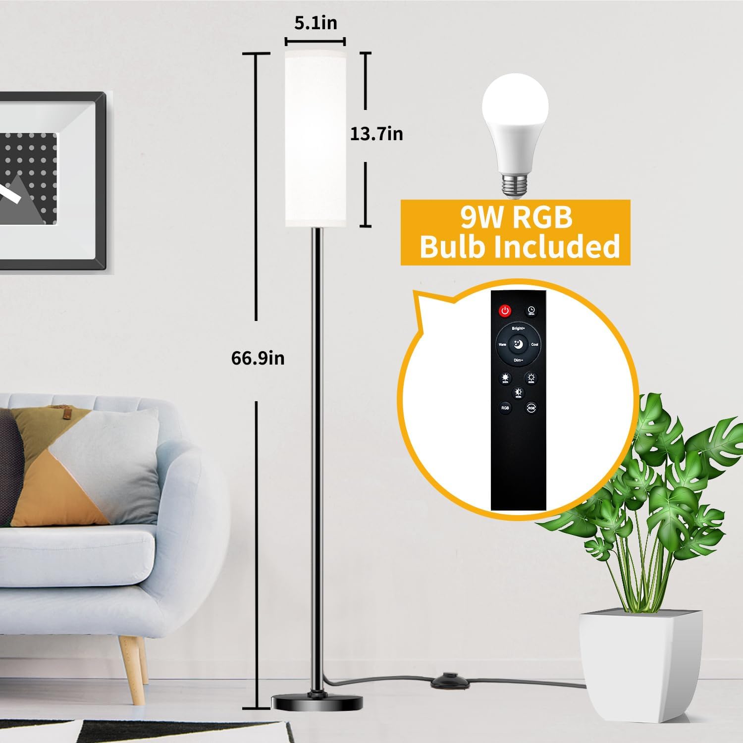 Floor Lamp for Living Room Bedroom,Modern LED Floor Lamp with Remote Control and Stepless Dimmable Colors Temperature & Brightness,Standing Lamps Tall Lamp, 9W Bulb Included(White) - Image 3