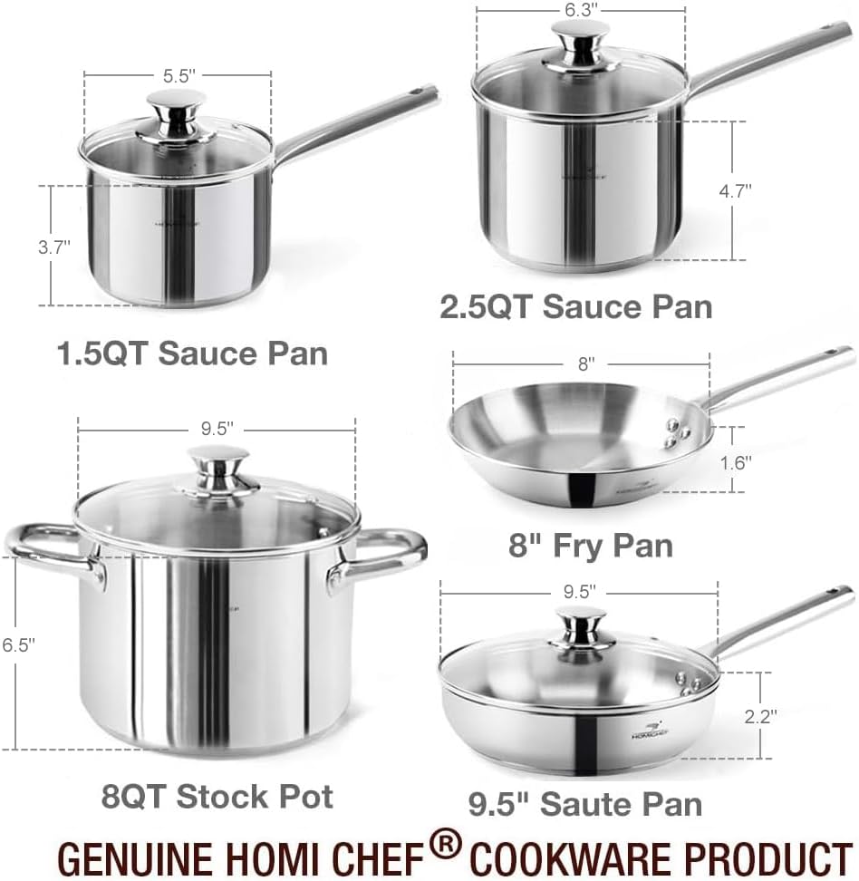 HOMI CHEF 14-Piece Nickel Free Stainless Steel Cookware Set - Nickel Free Stainless Steel Pots and Pans Set - Stainless Steel Non-Toxic Cookware Set - Stainless Steel Healthy Induction Cookware Sets - Image 8
