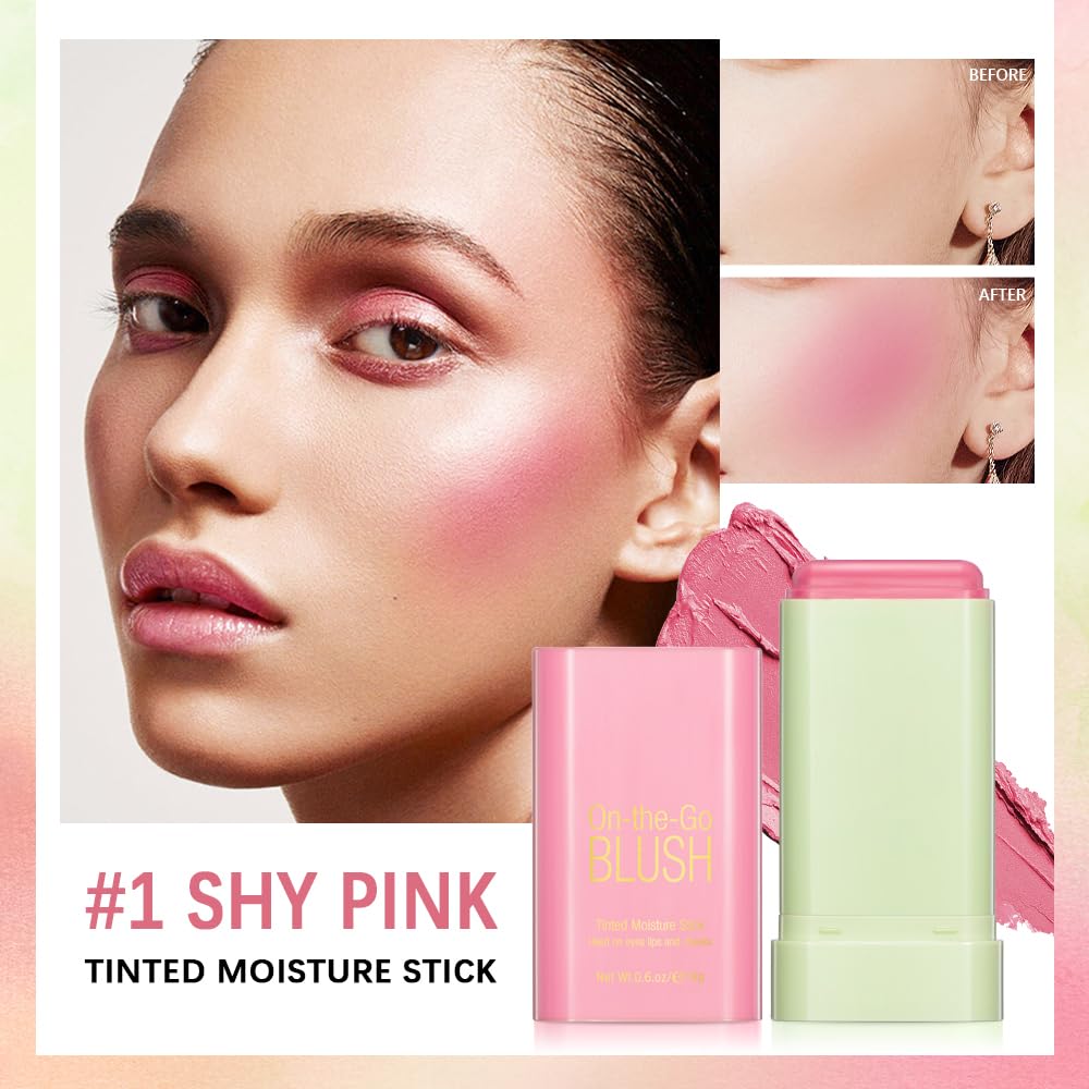 Multi-Use Cream Blush Stick,2-in-1 On-the-Go Blush for Cheek and Lip Tint,Waterproof Hydrating Tinted Solid Moisturizer Blendable Natural Grow Nude Face Blush Makeup,01 shy pink - Image 3