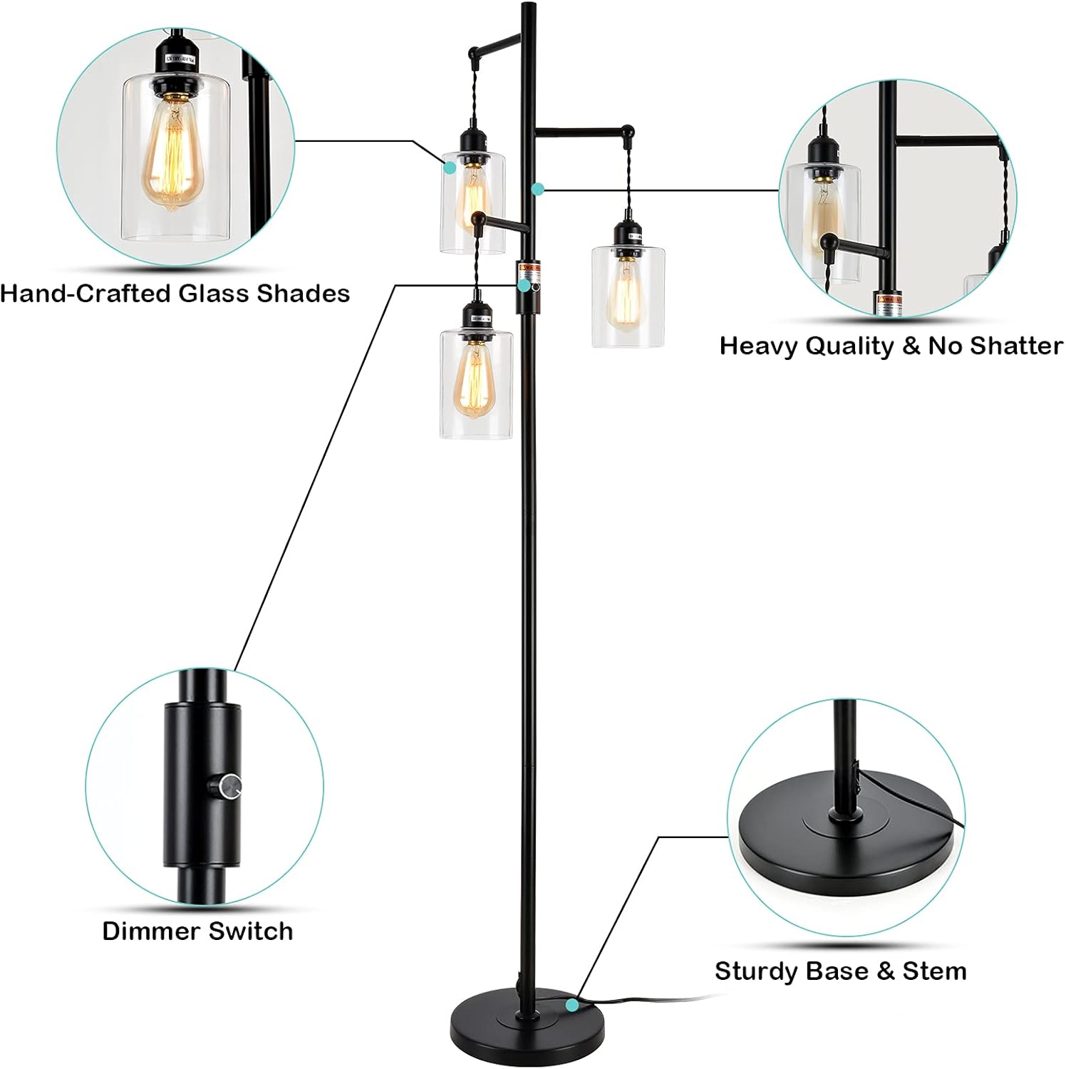 Airposta Industrial Floor Lamp with On/Off Dimmable Switch, 3-Head Rustic Tree Standing Lamp, Edison Bulb 40W Retro Tall Glass Floor Light for Living Room, Reading, Office, Bedroom, Black - Image 5