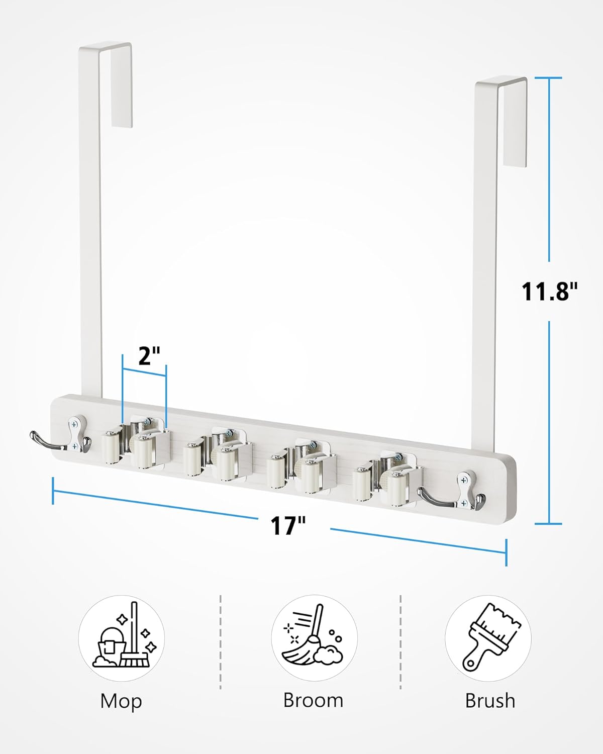 Over the Door Broom Holder, Mop and Broom Holder Door Mount, Hanging Broom Holder Over the Door with 4 Racks & 2 Hooks, Wood Broom Door Hanger Storage, Laundry Tool Organizer for Closet Garage - Image 7