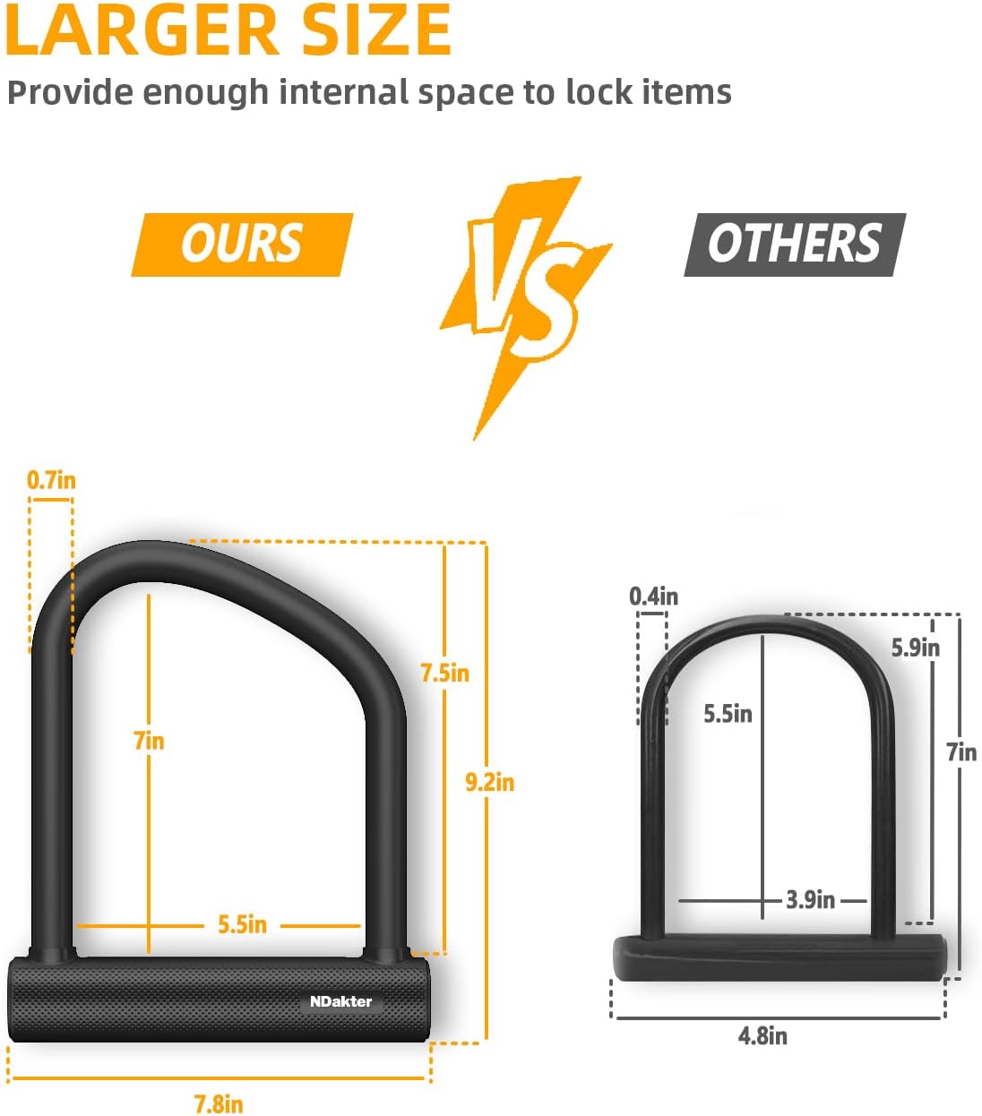 NDakter Bike Locks Heavy Duty Anti Theft, Bicycle U Lock for Ebike, 18mm Shackle, 6FT Steel Security Cable with 3 Keys for Electric Scooter, Motorcycle, Moped, Dirt-Bike, Tri-Bike Wheel Lock Sturdy - Image 4