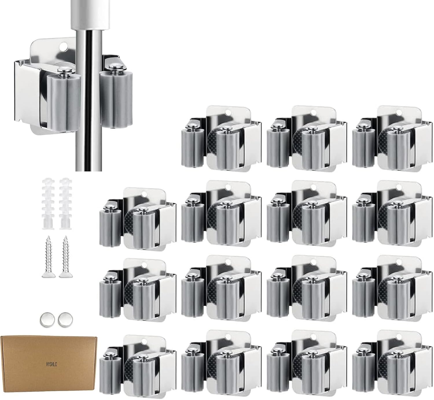 Broom Holder Wall Mount 15 Pack Mop Clamp Clip Hanger Stainless Steel Organizer Gripper Mounted Utility Rack with Installation Screws Self Adhesive for Shovel Handle Garden Tool Sliver - Image 2
