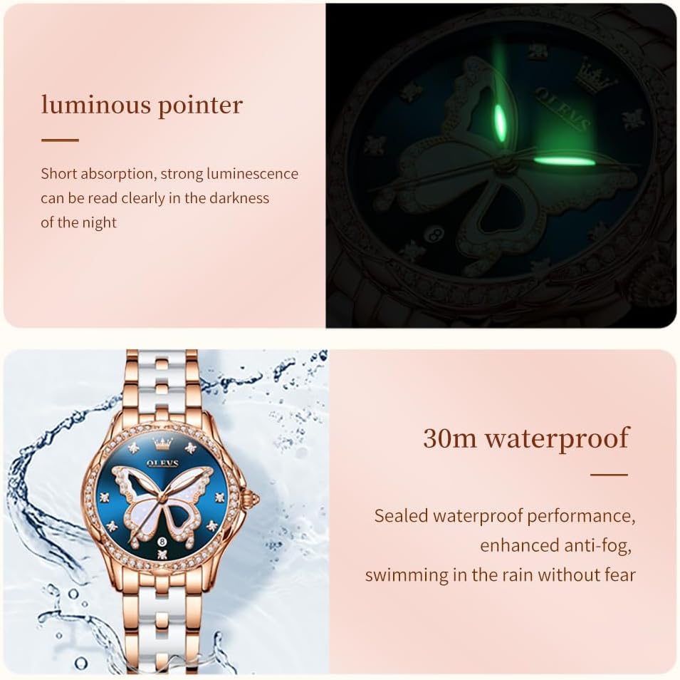 OLEVS Watches for Women Rose Gold Two Tone Fashion White Ceramic Ladies Wrist Watches Pink/Red Dial Stainless Steel Waterproof Date - Image 7