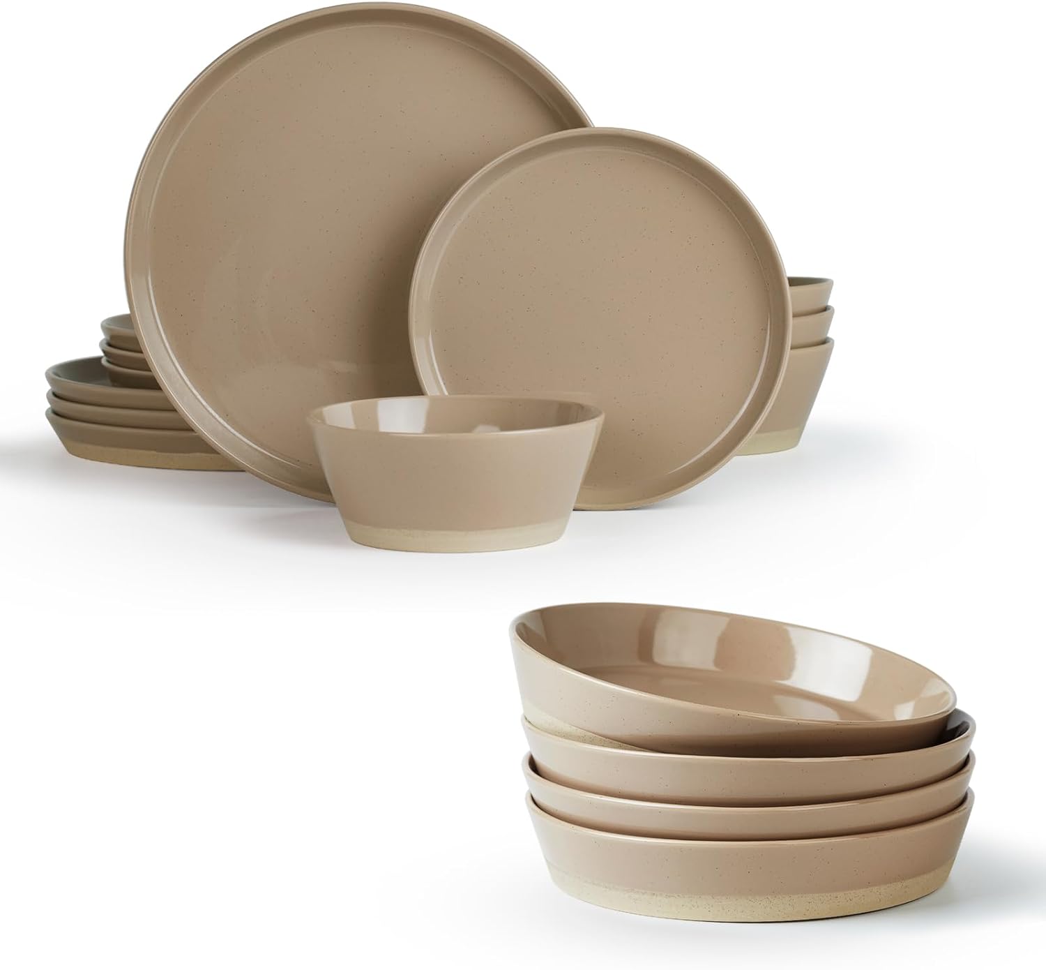 Famiware Saturn Plates and Bowls Sets For 4, 12-Piece Dinnerware Sets with 4 Pasta Bowls, Cinnamon Brown - Image 2