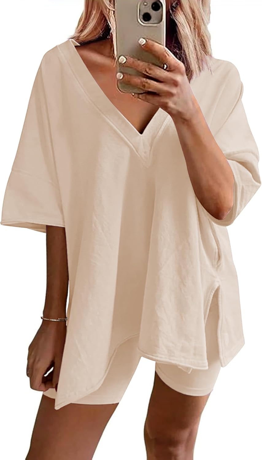 Ekouaer Womens Pajamas 2 Piece Lounge Sets Oversized V Neck T-Shirts Tops Biker Shorts Set Workout Reversible Tracksuit S-XXL - Image 2