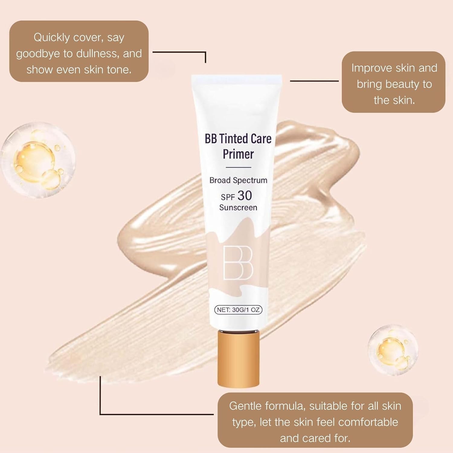BB Blur Tinted Moisturizer SPF 30, BB Cream Tinted Moisturizer, BB Tinted Care Primer with Brush, Full Coverage Light-Medium Skin Color Hydrating & Smoothing (Natural, 1) - Image 3