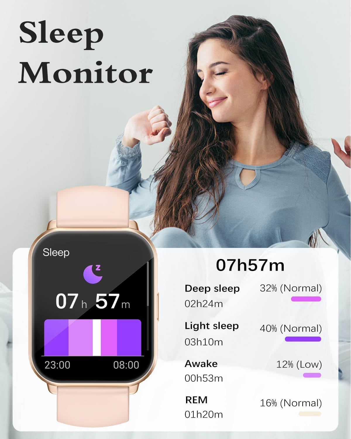 RUIMEN Smart Watches for Men Women (Answer/Make Calls), 1.8" Smartwatch for iOS/Android Phones, Fitness Tracker Watch with Heart Rate/Sleep Monitor Pedometer Waterproof (2 Bands Included), Pink - Image 7