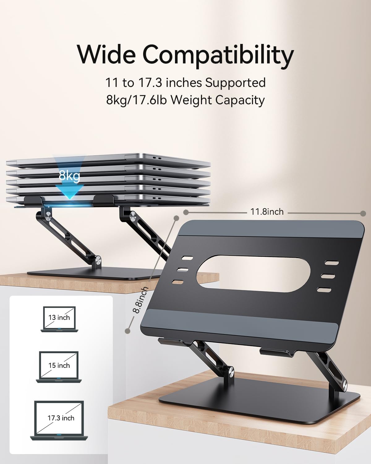Foldable Aluminum Laptop Stand for 10-17.3" Laptops, Height Adjustable Portable Ergonomic Computer Holder, Space Saving Desk with Heat Dissipation. Compatible with MacBook/Dell/HP etc, Black - Image 7