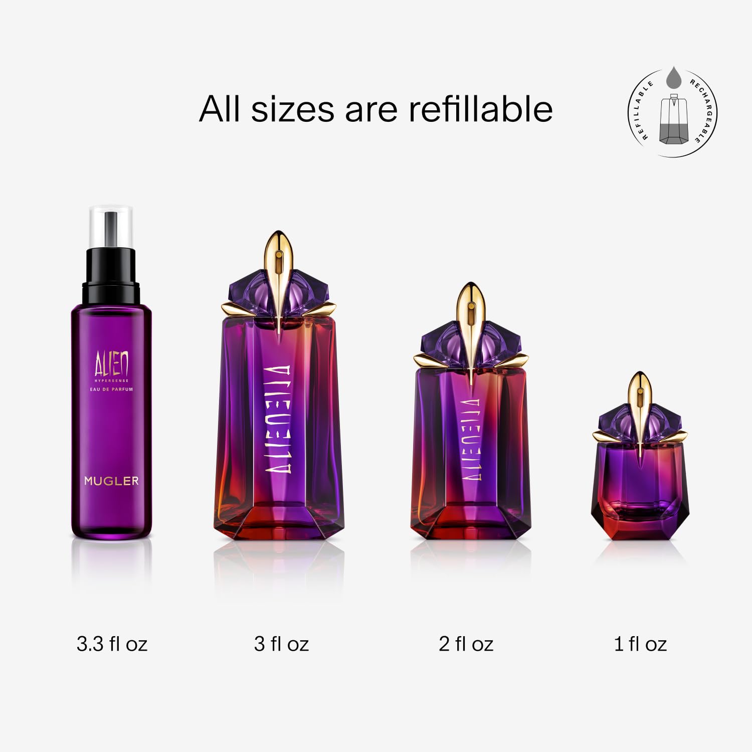 Mugler - Alien Hypersense - Eau de Parfum - Womens Perfume Refill Bundle- Floral Woody Scent - With Green Mandarin, Pear Accord, Jasmine, & Cashmere - 2 Fl Oz Refillable Perfume & 3.3 Fl Oz Refill - Image 4