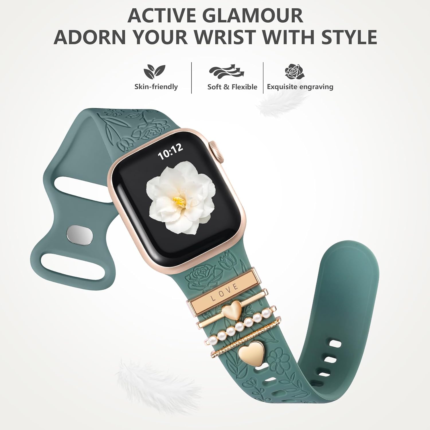 DaQin Flower Engraved Band Compatible with Apple Watch Bands for Women 40mm 38mm 41mm 42mm, Soft Silicone Band With Decorative Apple Watch Charms for iWatch Series 10 9 8 7 6 5 4 3 2 1 SE (With Band) - Image 6