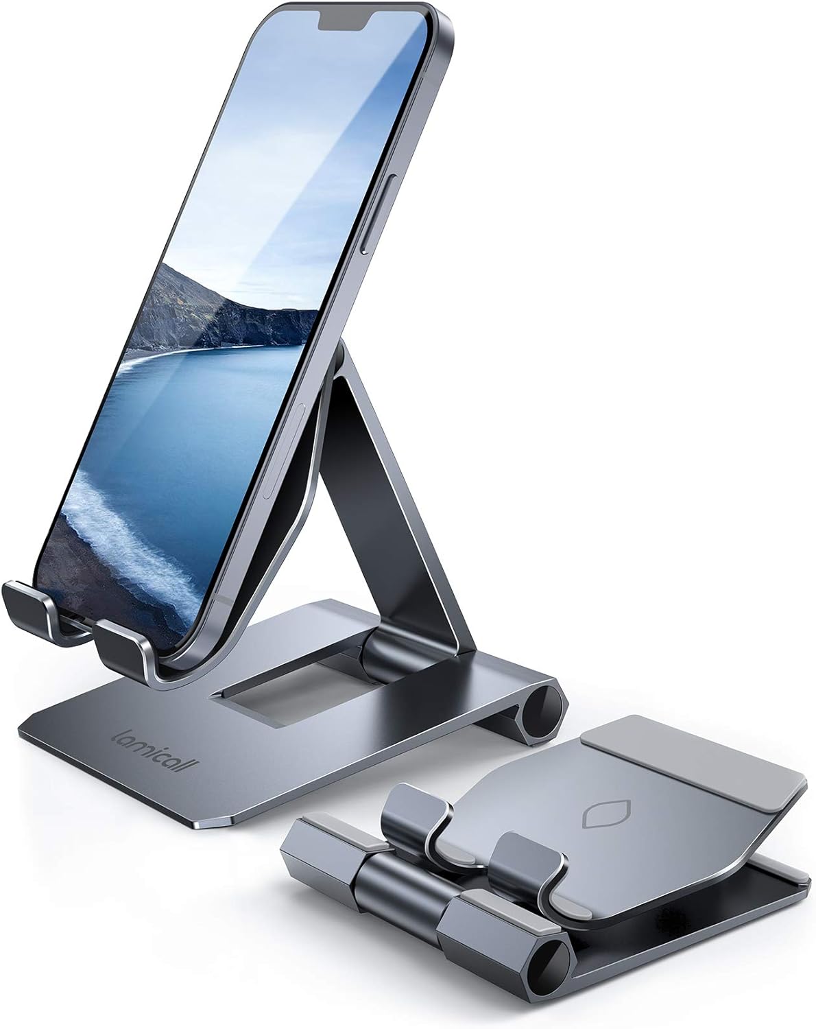 Lamicall ๐ฎ๐ฌ๐ฎ๐ ๐๐ฉ๐ ๐ซ๐๐๐๐ Adjustable Cell Phone Stand for Desk - Foldable Aluminum Desktop Phone Holder Cradle Dock, Compatible with Phone 15 14 13 12 Mini 11 Pro Xs (4-11'') - Grey - Image 2