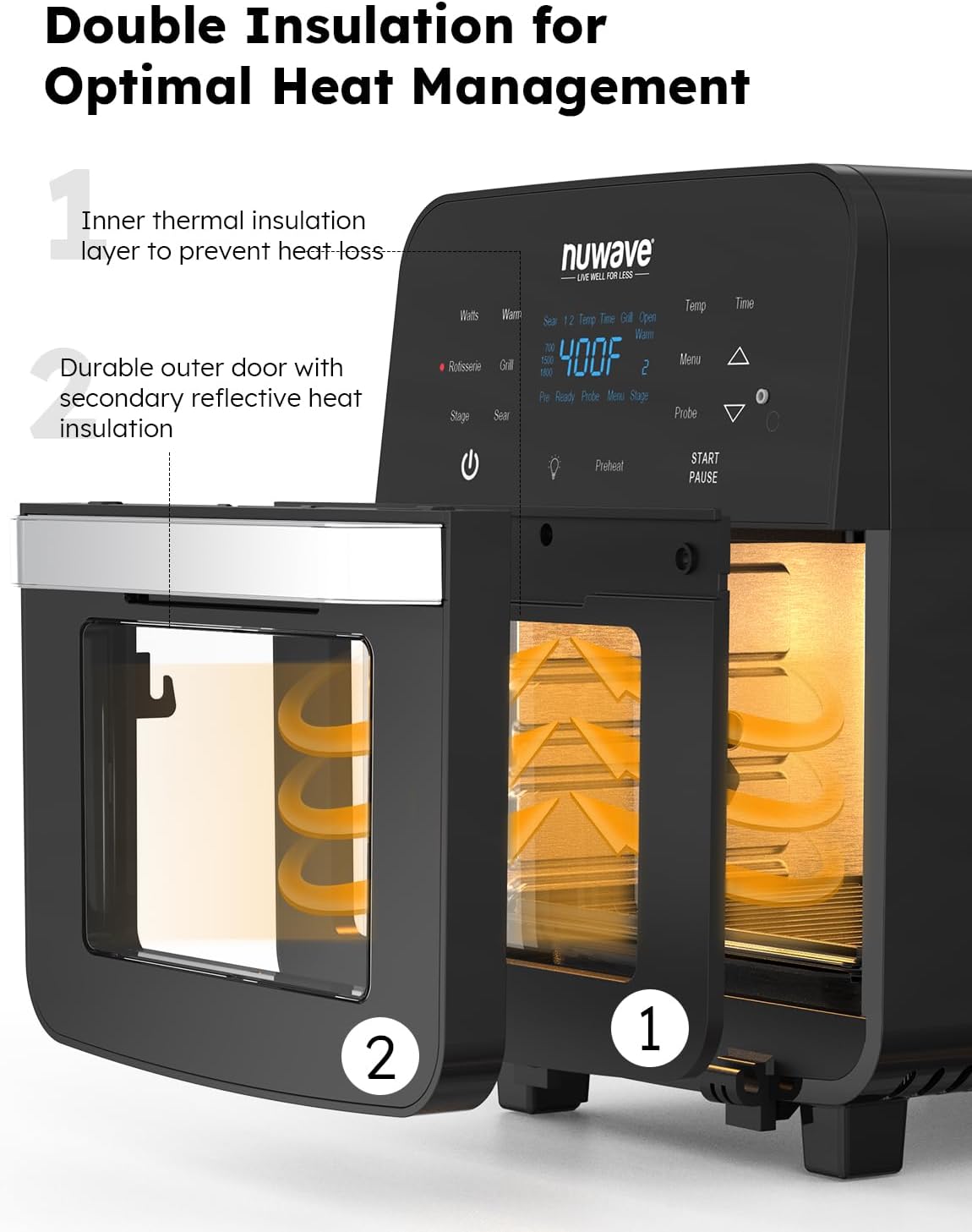 Nuwave Brio Air Fryer Oven, 15.5Qt X-Large Family Size, SS Rotisserie Basket &Skewer-Kit, Reversible Ultra Non-Stick Grill/Griddle Plate, Powerful 1800W, Integrated Smart Thermometer,Black - Image 4
