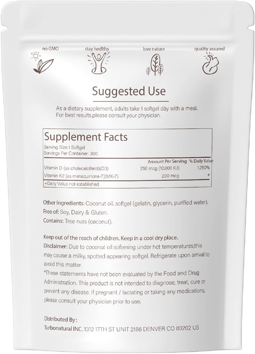 300 Pcs 2 in 1 Vitamin D3 10000 iu Plus K2 (MK-7) 200 mcg Virgin Coconut Oil Softgels with Vitamins D & K Supports Calcium Absorption, Bone, Immune, & Heart Health – Easy to Swallow - Image 3
