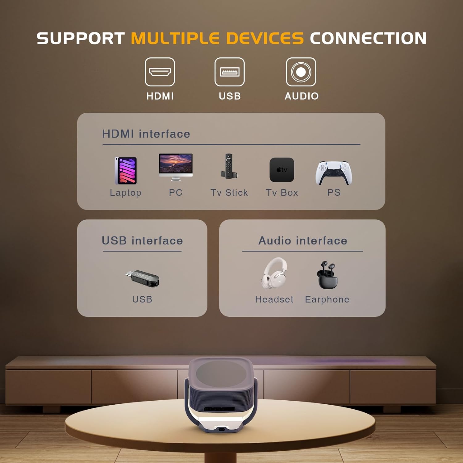 【Built-in Apps】Android Smart Projector with Electric Focus & Auto Keystone, Native 1080P Movie Projector with WiFi and Bluetooth, 270° Rotatable Portable Outdoor Projector for Phone/Laptop/HDMI/USB - Image 10