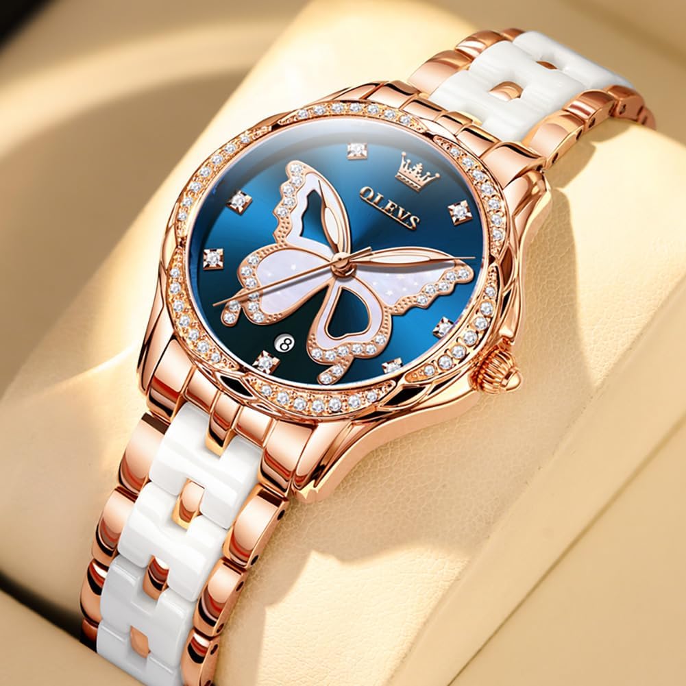 OLEVS Watches for Women Rose Gold Two Tone Fashion White Ceramic Ladies Wrist Watches Pink/Red Dial Stainless Steel Waterproof Date - Image 8