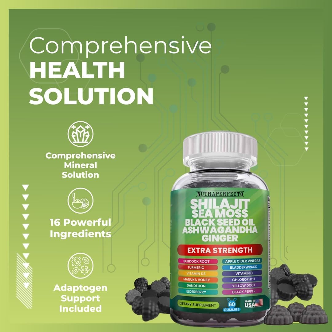 Shilajit Gummies with Irish Sea Moss Black Seed Oil Ashwagandha Ginger Elderberry Vitamin D3 Chlorophyll Turmeric Bladderwrack Advanced Strength Formula Resin Shilajit for Men & Women - Image 4