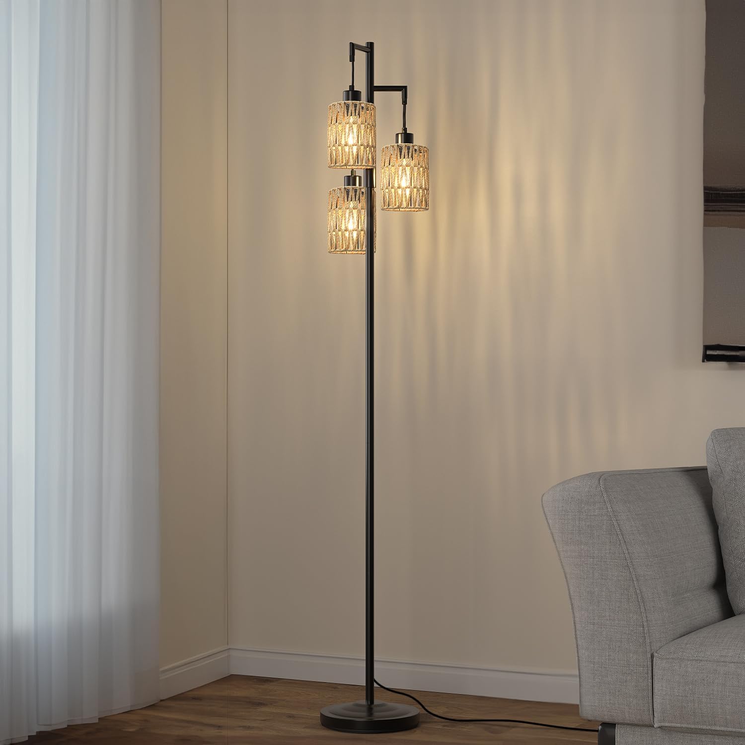 Oneach 68" Floor Lamps for Living Room, Stepless Dimmable Boho Floor Lamp with 3 Bulbs, Tall Farmhouse Industrial Corner Standing Tree Lamp for Bedroom, Office, Study Room, Dining Room, Black - Image 8