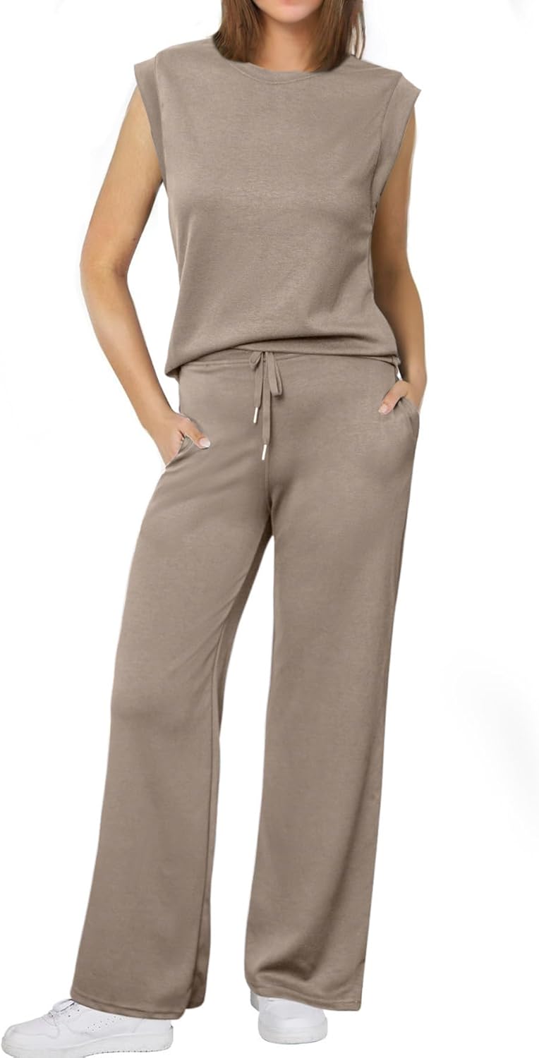 Glamaker Women's 2 Piece Sets Summer Lounge Travel Outfits Sleeveless Wide Leg Airport Casual Trendy Sweatsuits - Image 2