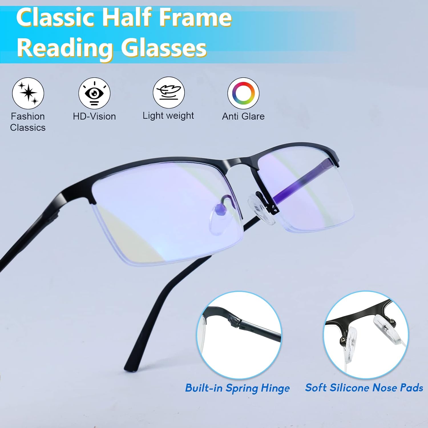 Blue Light Blocking Glasses, Lightweight Metal Half Frame Computer Reading/Gaming/TV/Phones Glasses,Filter UV Ray/Computer Glare with Spring Hinge Eyeglasses(2PCS Black) - Image 4