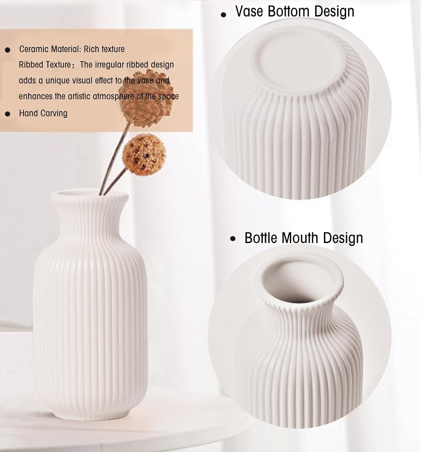 White Ceramic Vase Set of 3,Modern Vase Ribbed Design,Minimalist Decor Flower Vase for Table,Shelf,Farmhouse Vase for Decor(Vertical Ribbed Vase) - Image 4