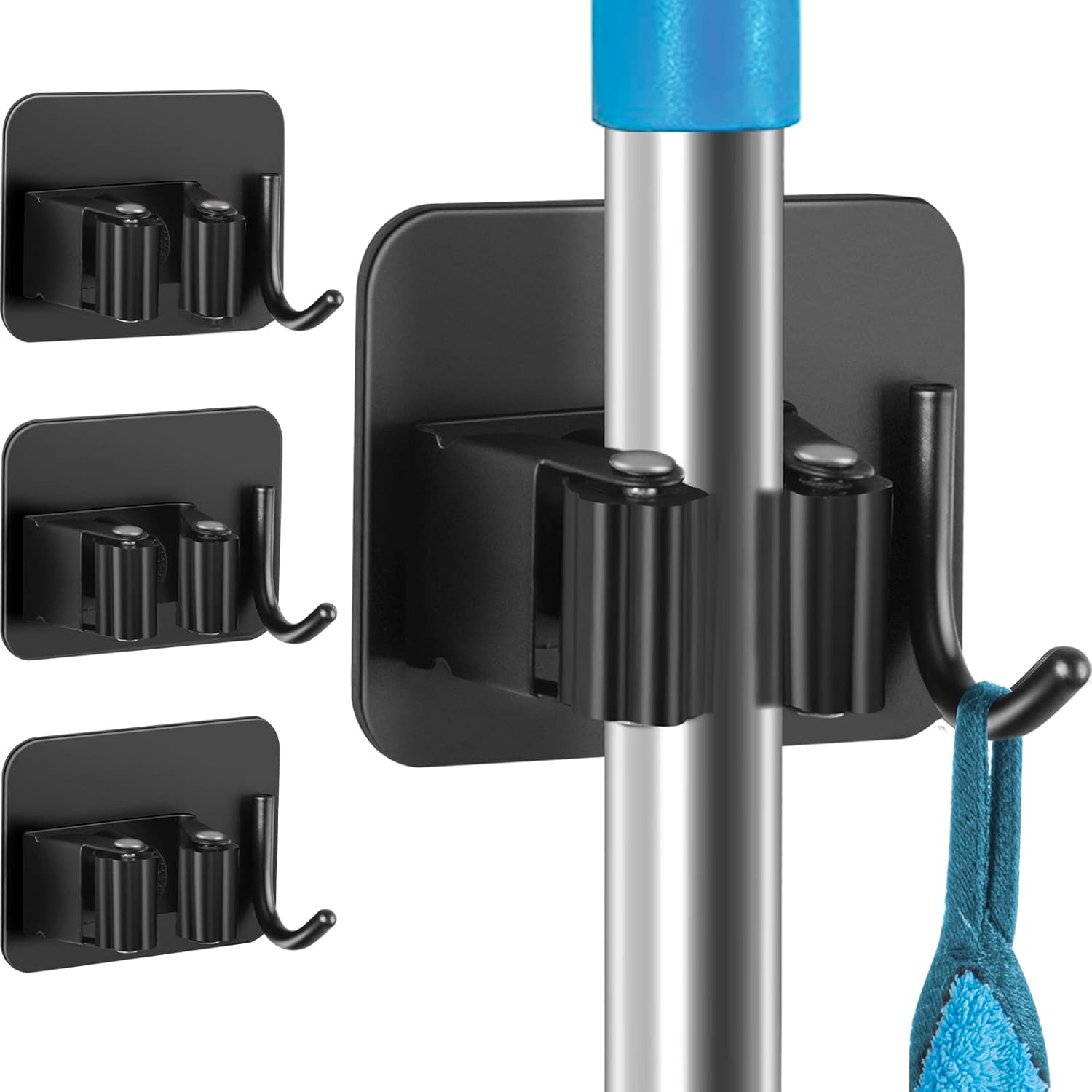 4 Pack Anti-Slip Broom Holder, Space-Saving, Damage-Free Wall Mount, Stainless Steel, Black - Image 2