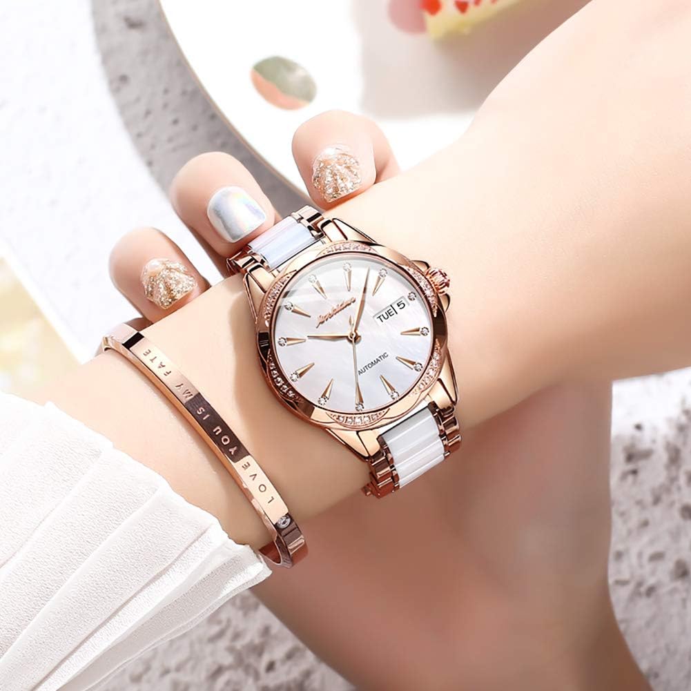Womens Watch Automatic White Face Ladies Watch Mechanical Waterproof Self-Winding Wrist Watch Rose Gold Pearl Shell Dial Watches Day Date Woman Watches Ceramic Stainless Steel Diamond Watch for Ladies - Image 4